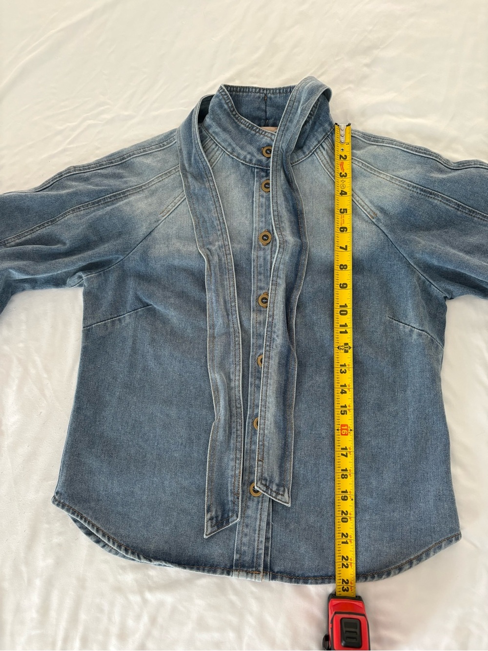 NWT Bailey44 Tie-Neck Puff Sleeve Denim Button-Down Shirt. Zimmerman Inspired. - Picture 10 of 13